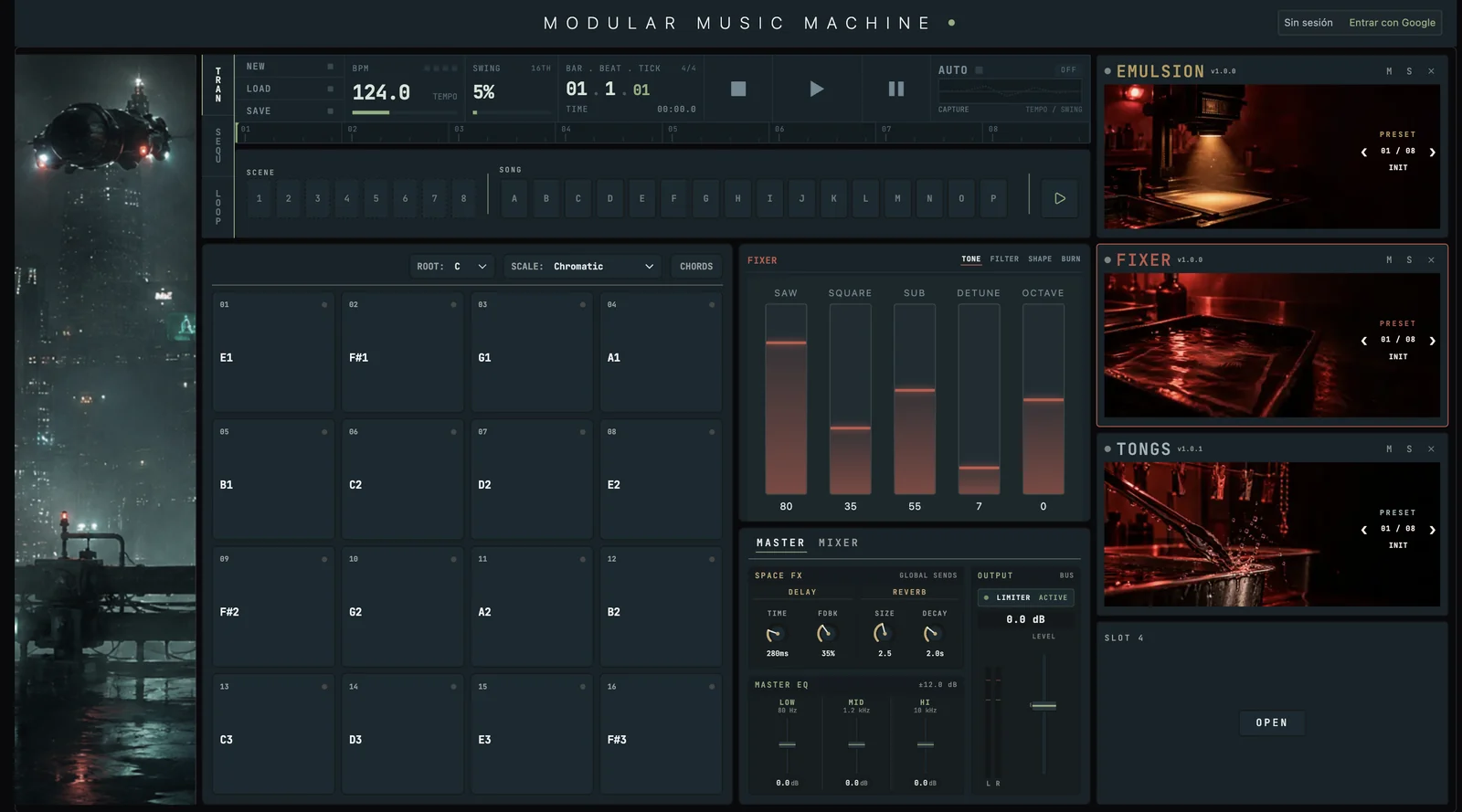 MMM interface with instrument slots, pads, sequencer and mixer